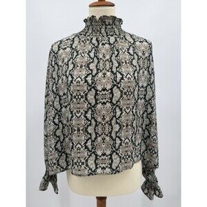 Shinestar Snakeskin Print Blouse Xlarge Black Mock Neck Long Sleeve Mob Wife Top